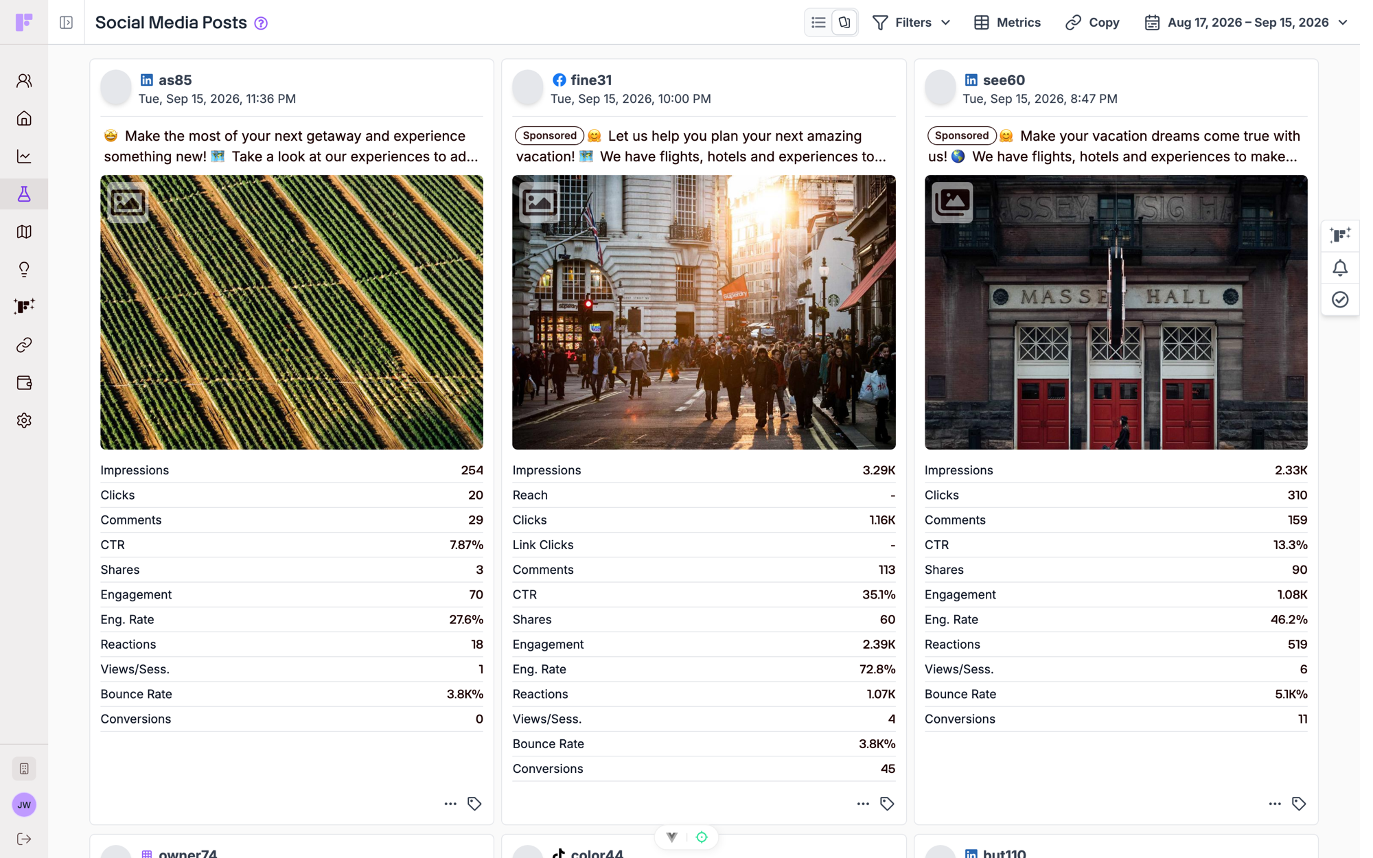 Social Media Posts in card view: a three-across grid of posts with images, channel icons, Sponsored chips, and a full metric list including impressions, reach, clicks, link clicks, engagement rate and conversions.